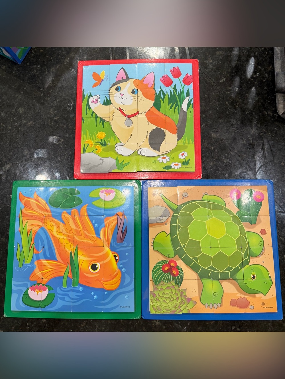 Lakeshore Magnet Colorful Kids Puzzle Trio - Red Cat, Orange Fish & Green Turtle